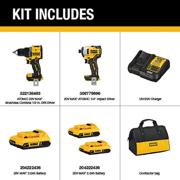 ATOMIC 20-Volt MAX Lithium-Ion Cordless Combo Kit (2-Tool) with (2) 2.0Ah Batteries, Charger and Bag