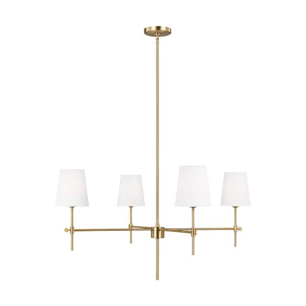Baker 4-Light Satin Brass Hanging Chandelier With White Linen Fabric Shades