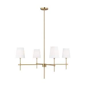 Baker 4-Light Satin Brass Chandelier With White Linen Fabric Shades and LED Light Bulbs