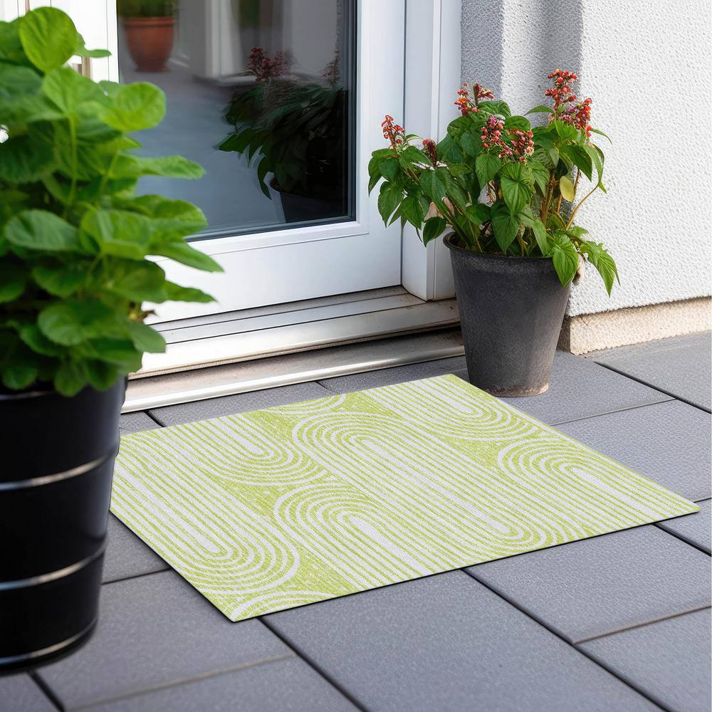 Green and White Abstract Synthetic Washable Rug 1'8" x 2'6"