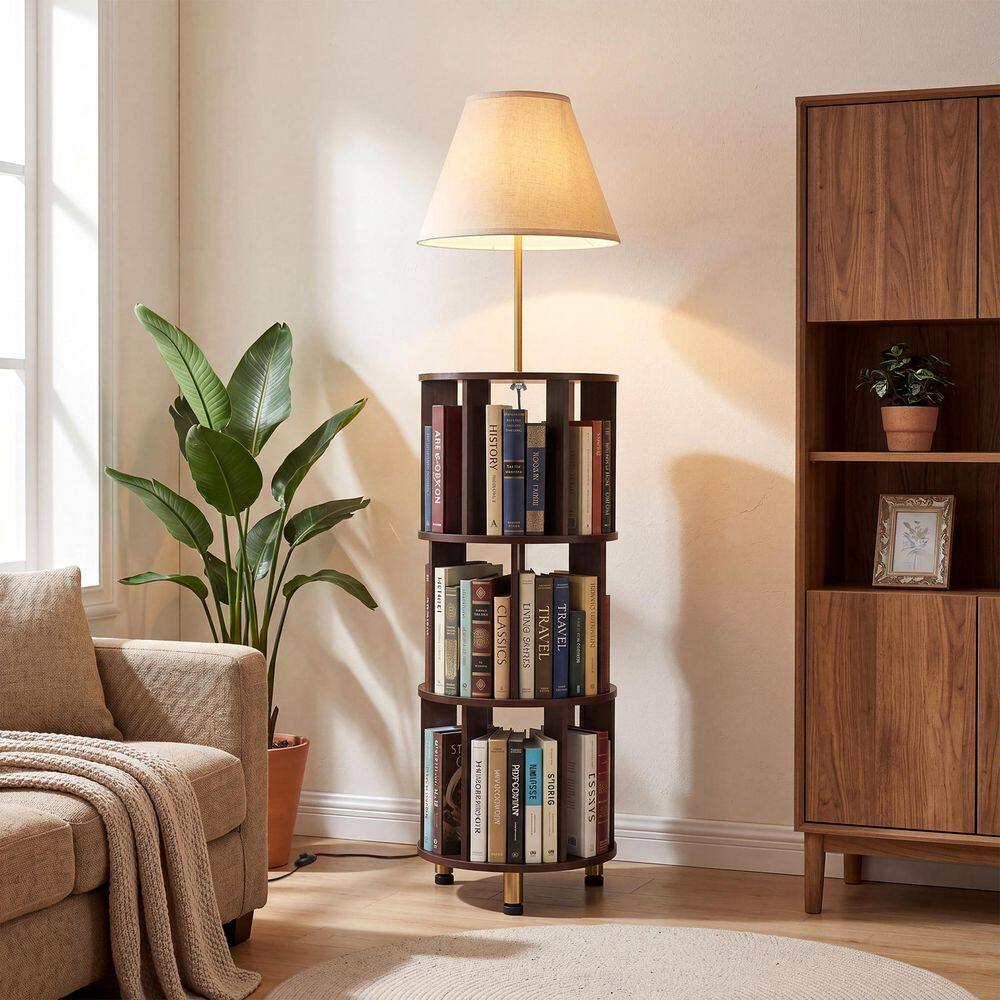 Chattan 62 in. Walnut MDF Column Shelf Floor Lamp, with Anti-Skid Pads, White Lamp Shade, for Living Room, UL Certified price history on PriceWatchPro