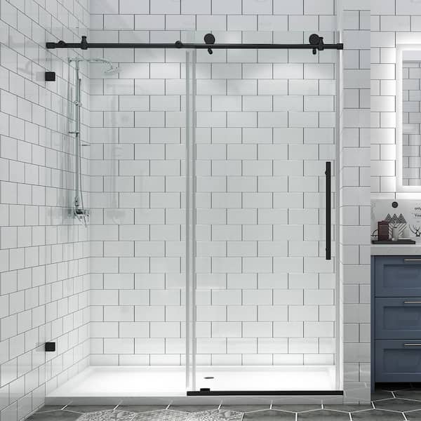 WELLFOR 60 in. W x 74 in. H Sliding Frameless Shower Door in Matte Black with 10 mm Clear Glass