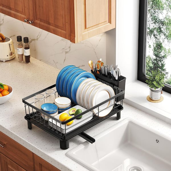 Black 11 in. x 15 in. Stainless Steel Dish Drying Rack, Small Dish Rack Kitchen Counter, with Utensil Holder Drainboard