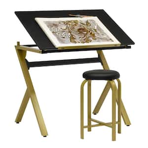 Stellar 36 in. Wide Drawing/Writing Desk in Gold / Black with Adjustable Top and Padded Stool
