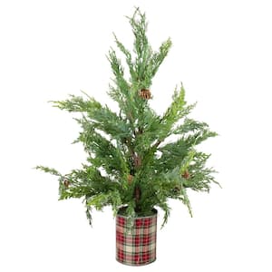 24 in. Iced Cedar Artificial Christmas Tree in Plaid Pot - Unlit