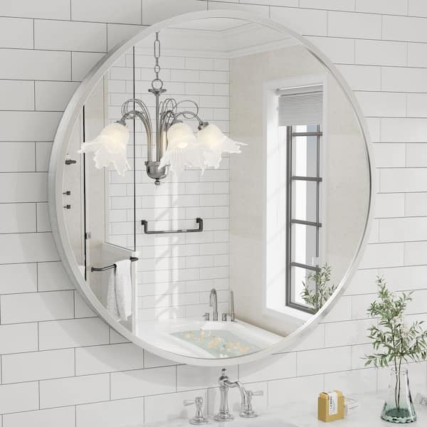 Apmir 40 in. W x 40 in. H Round Aluminum Alloy Framed French Cleat Mounted Wall Decor Bathroom Vanity Mirror in Matte Silver