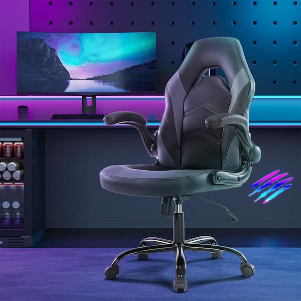 Bestier Gray S-Shaped Upholstery Backrest Ergonomic Gaming Chair w/Flip-Up Armrests,Strong Metal Base and 3D Adjustable Height