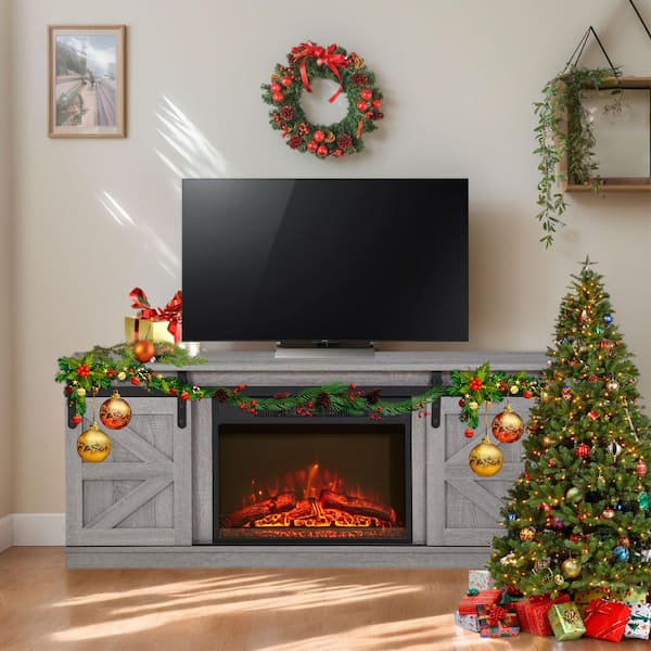 58 in. W Freestanding Electric Fireplace TV Stand with Farmhouse Sliding Barn Doors in Grey