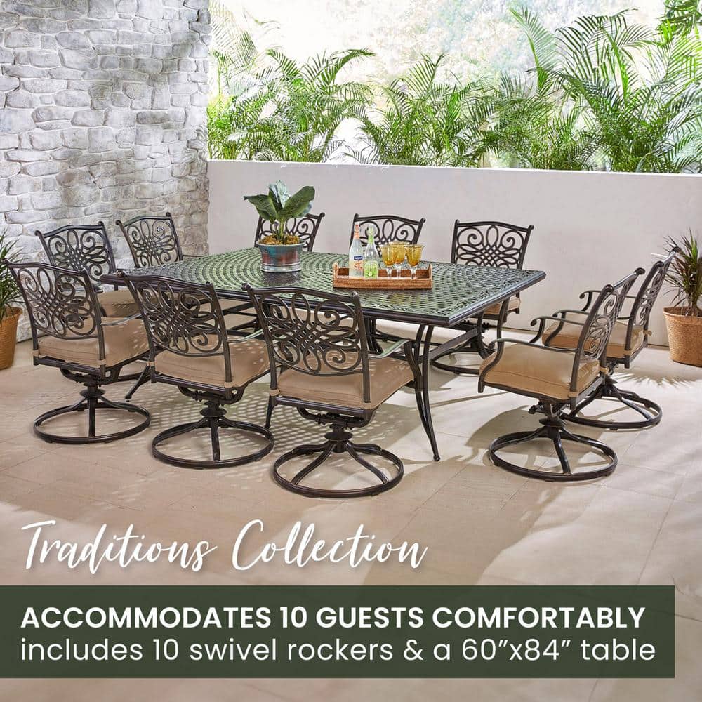 Hanover Traditions 11-Piece Bronze Outdoor Dining Set with Tan Cushions