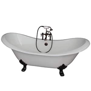 5.9 ft. Cast Iron Lion Paw Feet Double Slipper Tub in White with Oil Rubbed Bronze Accessories