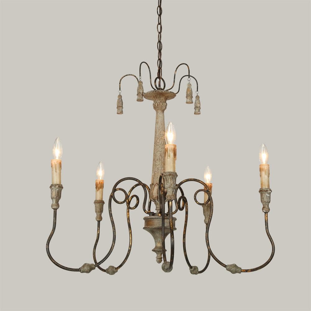 Rustic 5-Light Aged Iron Chandelier Frech Country Distressed Wood ...