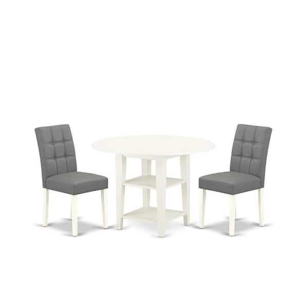 East West Furniture 3-Piece Linen White Finish Round Solid Wood Top Dining Table Set