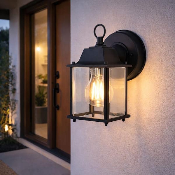 8 in. Black Outdoor Hardwired Wall Lantern Sconce with Clear Glass Shade and No Bulb Included