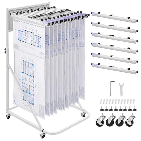 Mobile Steel Blueprint Storage Rack with 6 Aluminum Clamps (24 In.), Adjustable Design, 4-Wheel Organizer for Plans