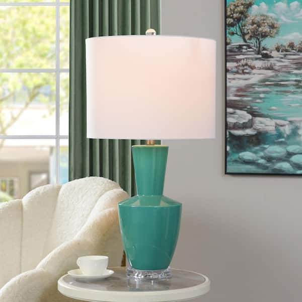28 in. Turquiose Table Lamp White Linen Shade