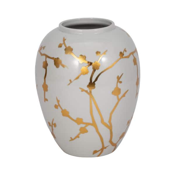 Liv & Skye 10 in. White Ceramic Jar with Gold Decal