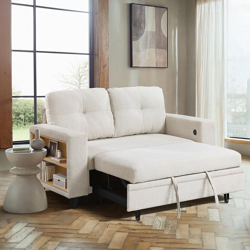 Celylon 56.5 in. W Beige Armless Boucle Fabric Upholstery 2-Seater Loveseat w/ Pull-out Bed, Shelves and Charging Ports