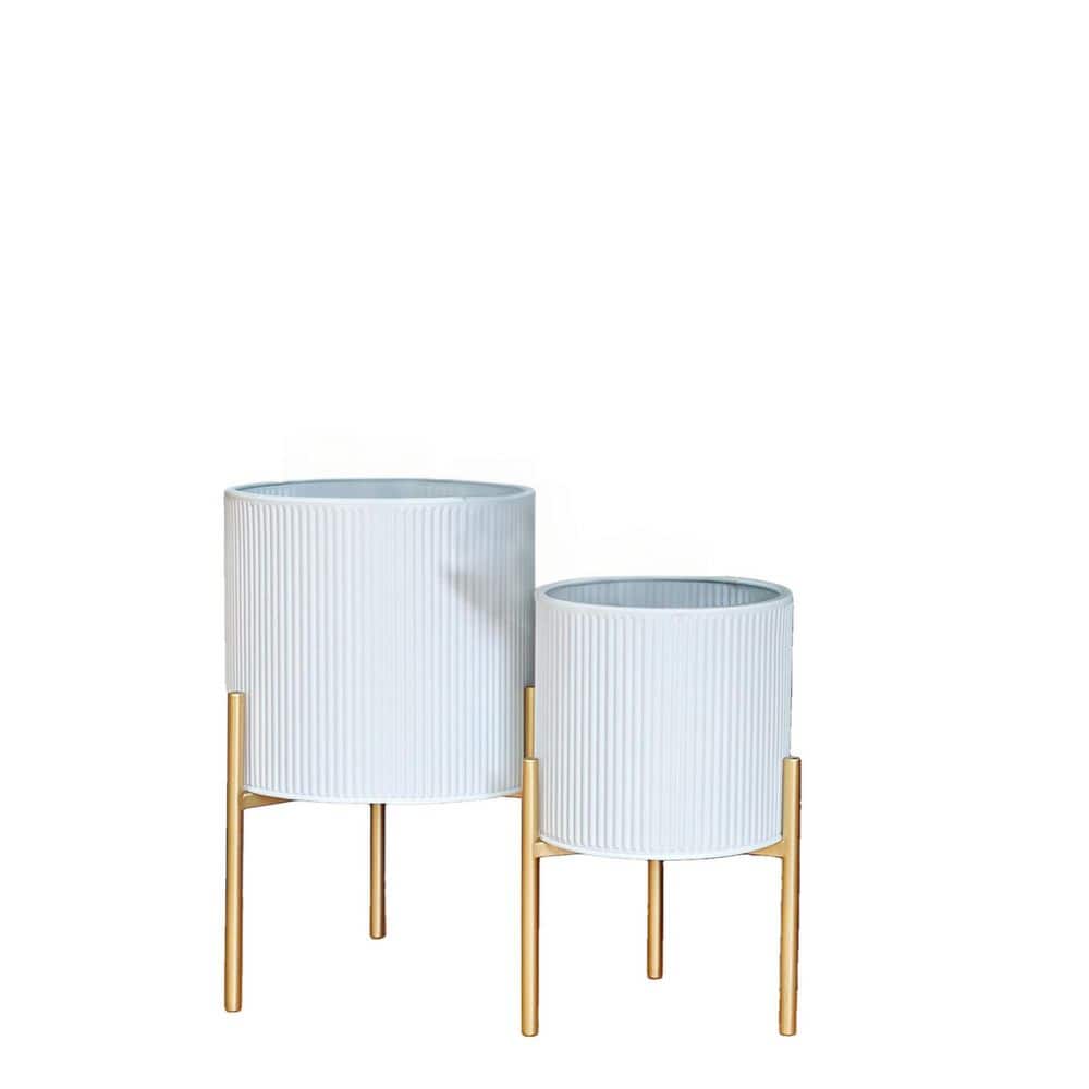 8.25 and 10.5 in. White Iron Round Large Decorative Floor Planters with Stand and Drainage Holes (2-Pack) price history on PriceWatchPro