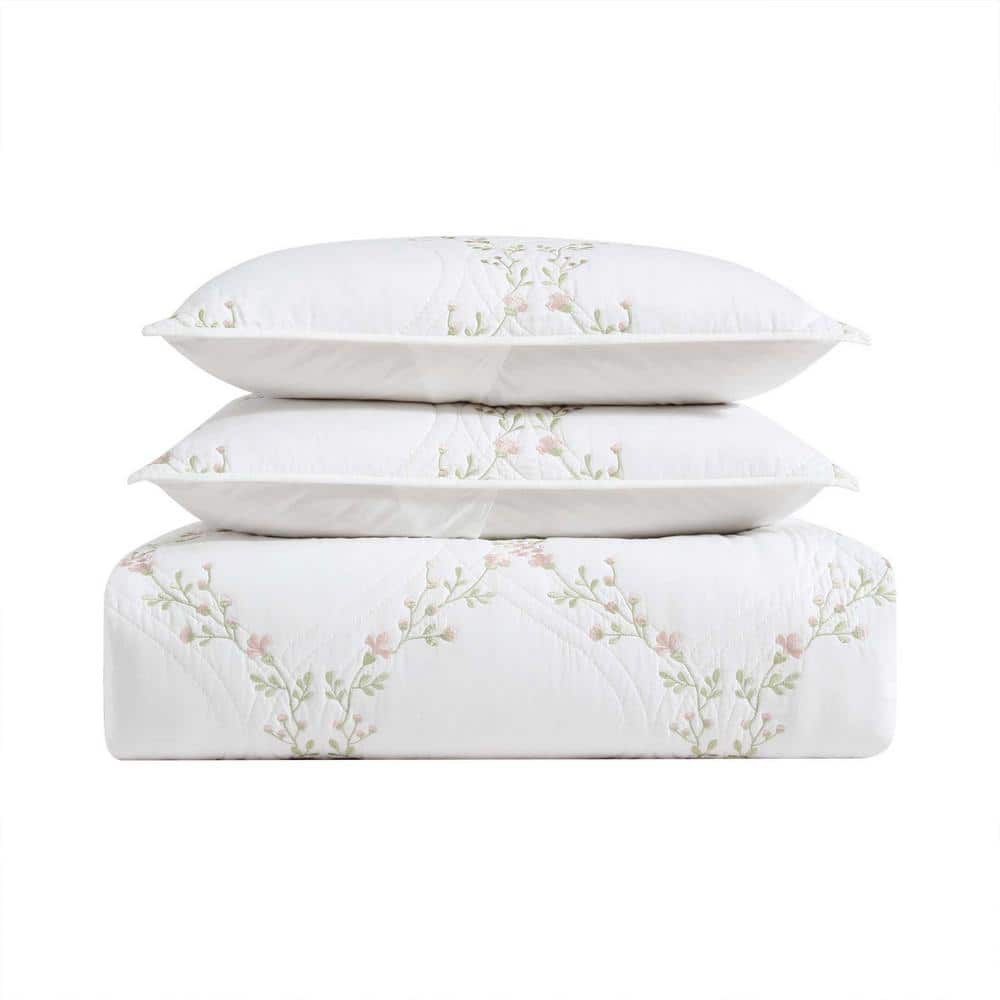 Pink Floral Embroidered Cotton Twin Quilt Set