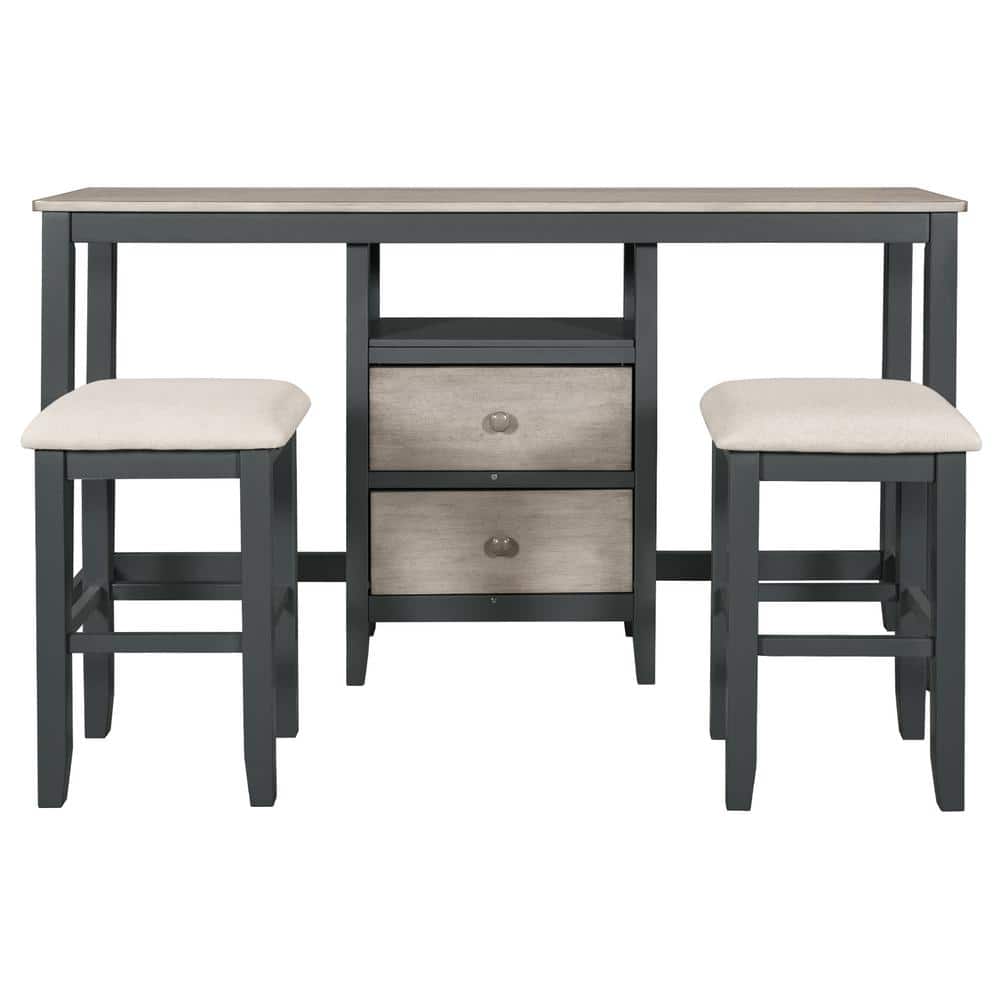 Gray 3-Piece Wood Counter Height Outdoor Dining Table Set with Cabinet, 2 S