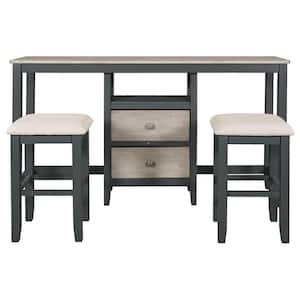 Gray 3-Piece Wood Counter Height Outdoor Dining Table Set with Cabinet, 2 Storage Drawers, 2 Stools and White Cushions