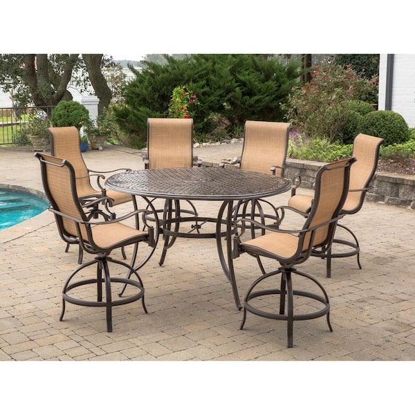 Hanover Manor 7-Piece Aluminum Round Outdoor High Dining Set with Swivels and Cast-Top Table