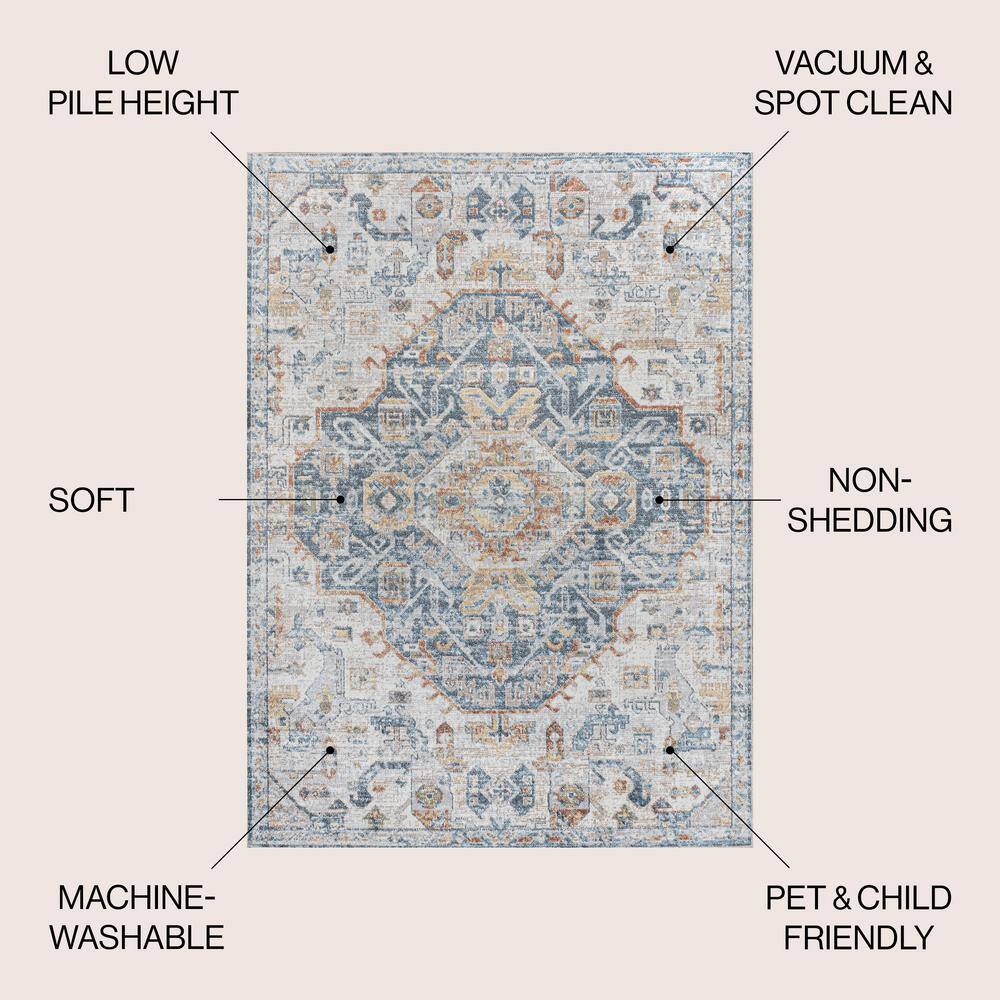 Cream and Blue Medallion Washable Synthetic Area Rug 3' x 5'