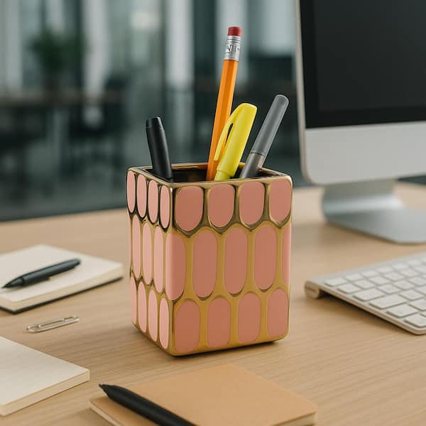 Pink 3.25 in. x 4 in. Ceramic Decorative Geometric Pen Holder