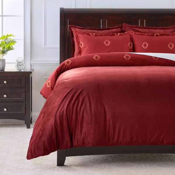 CHANASYA Chanasya 5-Piece Shibori Geometric Deep Red Maroon Print Reversible Microfiber Duvet Cover Set, Queen