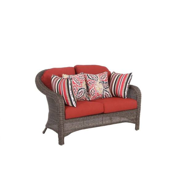 Hampton Bay Walnut Creek Patio Loveseat with Red Cushion-DISCONTINUED