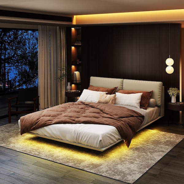 FUFU&GAGA White Wood Frame Queen Size Bed Panel Bed With Color-Changing LED Lights, App Control, Headboard