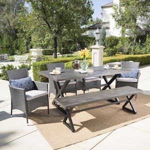 Gray and Black 6-Piece Faux Rattan and Aluminum Rectangular Outdoor Dining Set with Silver Cushion