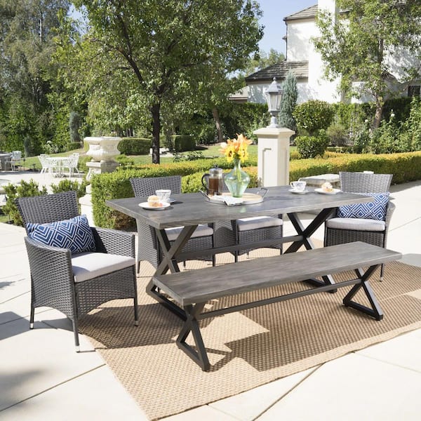Noble House Gray and Black 6-Piece Faux Rattan and Aluminum Rectangular Outdoor Dining Set with Silver Cushion