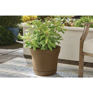 14 in. Anne Chocolate Brown Plastic Planter (14 in. x 13 in.) with Drainage Hole and Attached Saucer