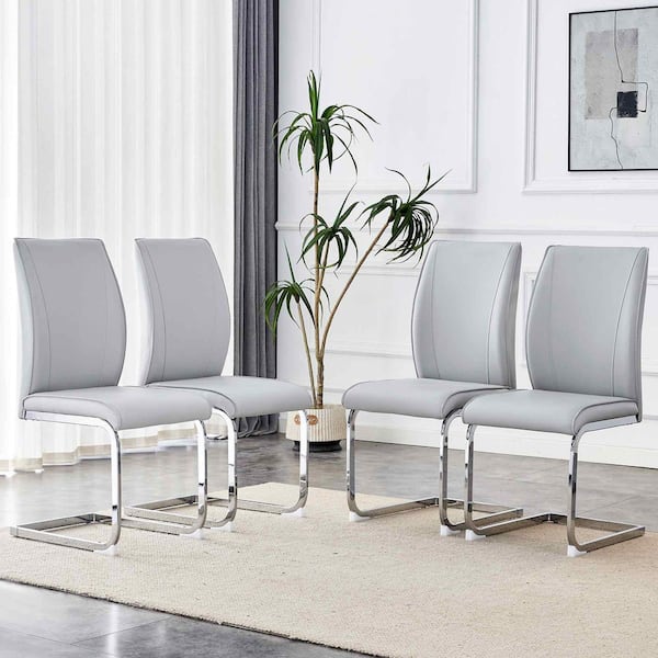 Light Gray,Silver PU Leather Metal Frame Dining Chairs Set of 4