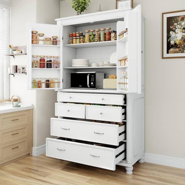 White 77.3. in. H Kitchen Pantry Organizers Storage Cabinet with 2 Adjustable Shelves, 6 Door Inner Spice Racks