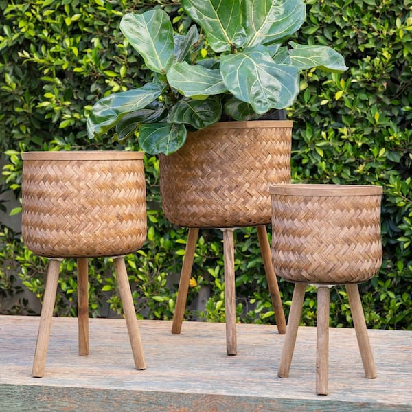 Bamboo Adjustable Plant Stand + Jute & White Pot Basket