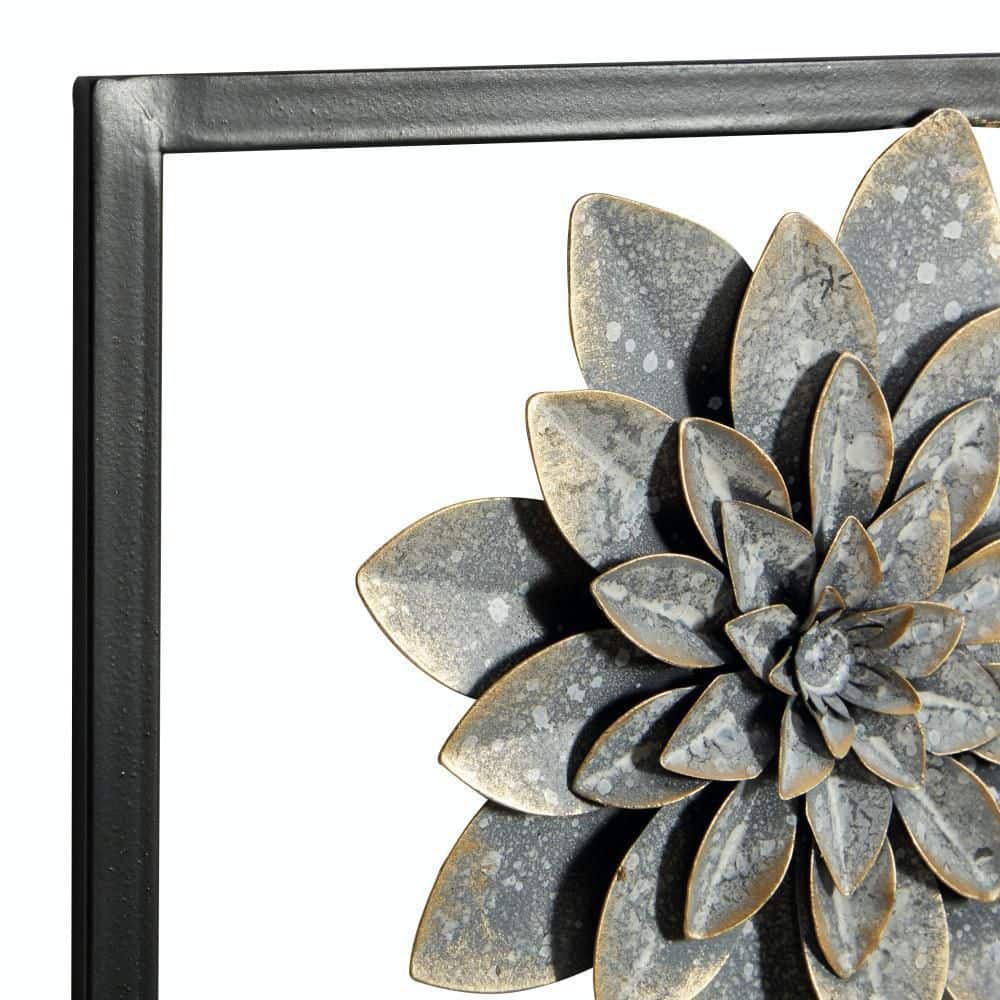 Gray Metal Floral Wall Sculpture with Black Frame, Set of 2