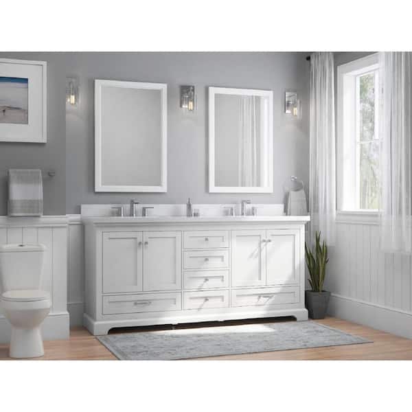 Home Decorators Collection Bluestern 72 in W x 22 in D x 34 in H Double Sink Freestanding Vanity in White w/ Veined White Engineered Stone Top
