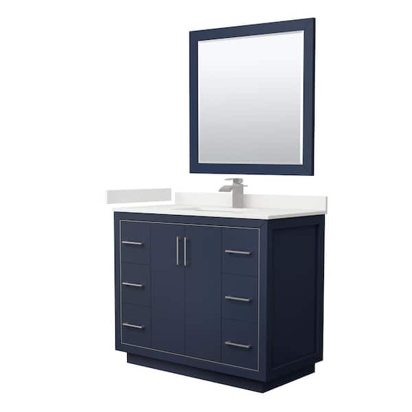 Wyndham Collection Icon 42 in. W x 22 in. D x 35 in. H Single Bath Vanity in Dark Blue with White Quartz Top and 34 in. Mirror