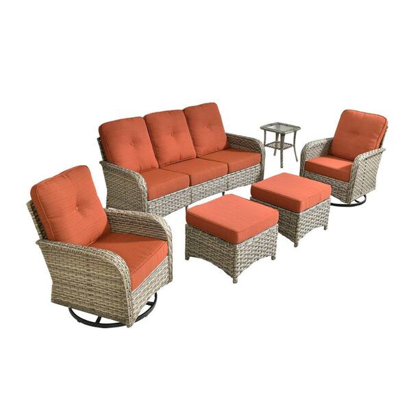 Beverly Gray 6-Piece Wicker Patio Conversation Sofa Swivel Chairs Set with Ottomans and Orange Red Cushions