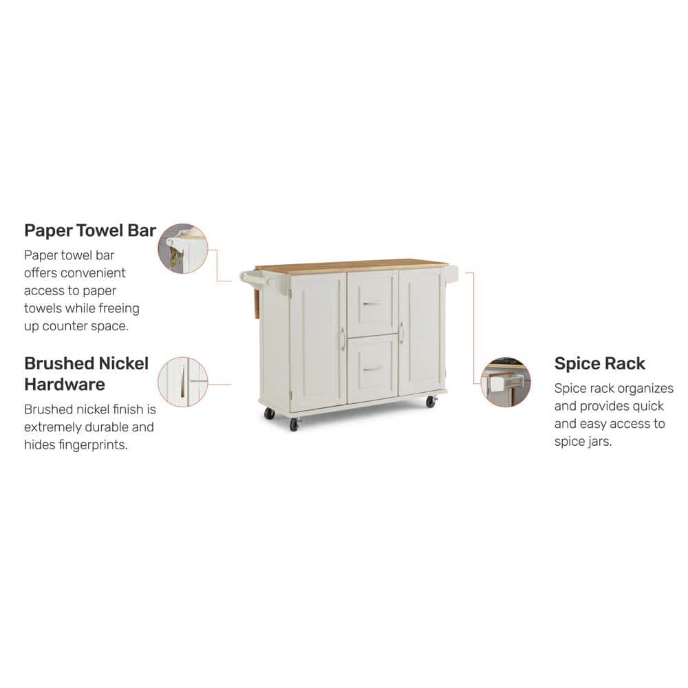 White Wood Drop Leaf Kitchen Cart with Storage and Spice Rack