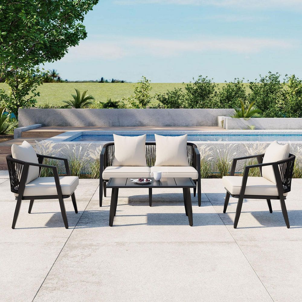 4-piece metal outdoor patio conversation furniture set with wrought ...