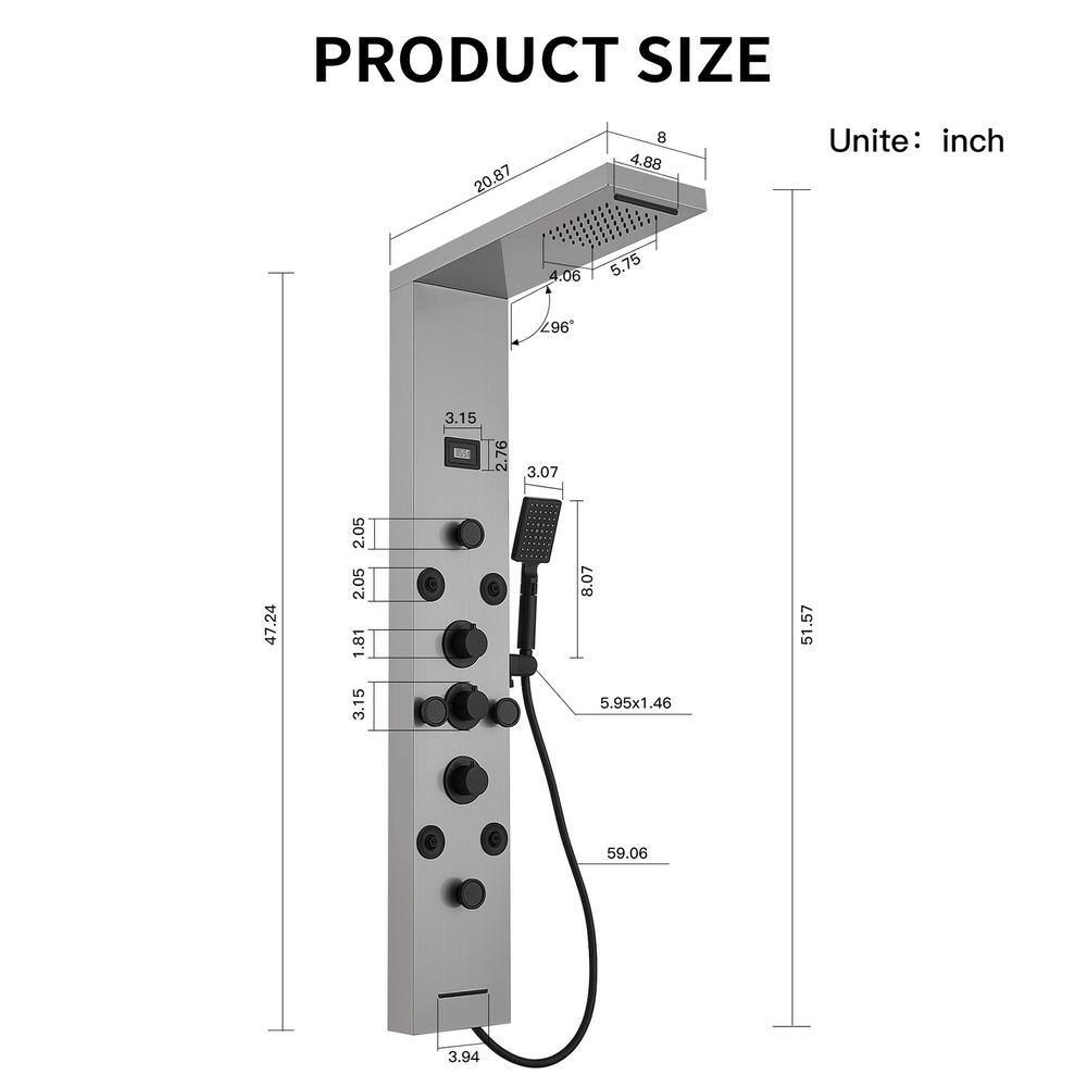 Black Nickel 8-Jet Rainfall Shower Panel System with Handheld Wand