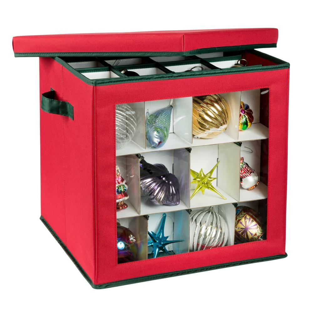 Holiday Adjustable Ornament Storage Box - Fits Up to 12-48 Pieces, Heavy Duty Poly, 3-Year Warranty - Elite Plus, Red Snowflake - Covermates