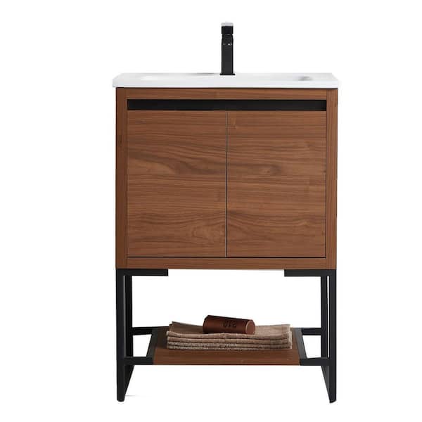 Unbranded 24 in. W x 18 in. D x 35 in. H in Brown Freestanding Bathroom Vanity Combo with Integrated Ceramic Sink Integrated Top