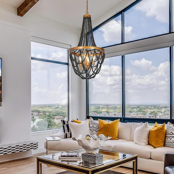 4-Light Antique Gold Chandelier with Black Wood Beads