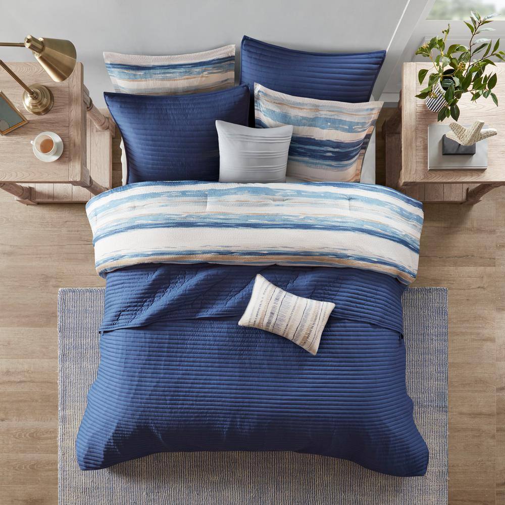 Full Blue Microfiber Reversible Comforter and Coverlet Set