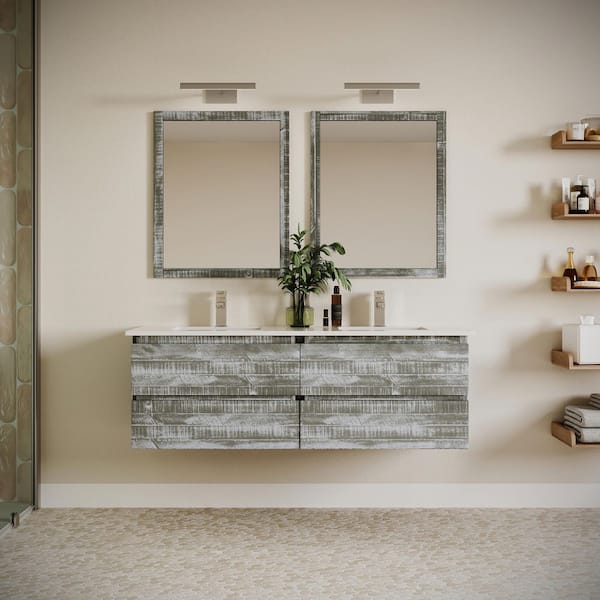 Formosa 60 in. Double Sink Wall Mount Floating Sage Gray Bath Vanity with White Quartz Top and Undermount Ceramic Sink