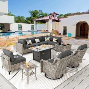 Apollo 11-Piece Wicker Rectangular Fire Pit Sets and Swivel Rocking Chairs with Black Cushion